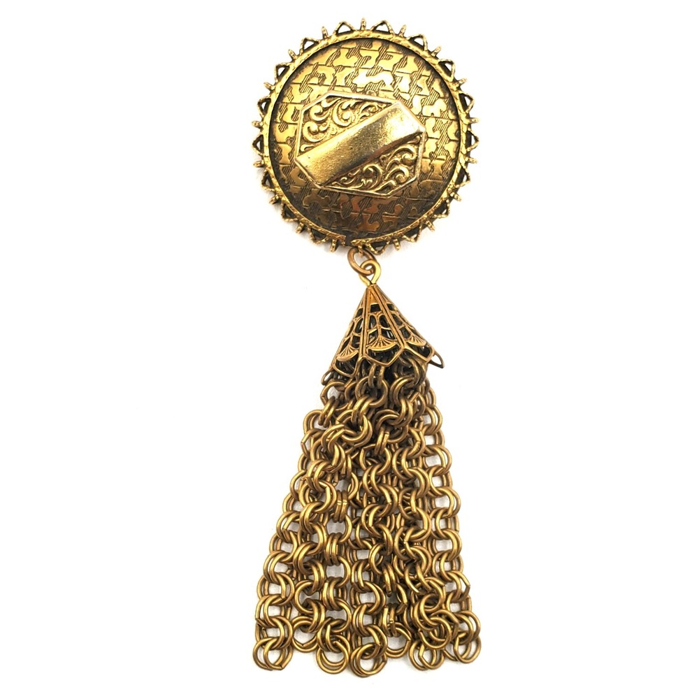 Vintage Freirich Gold Tone Tassel Dangle Brooch Textured Fringe Pin